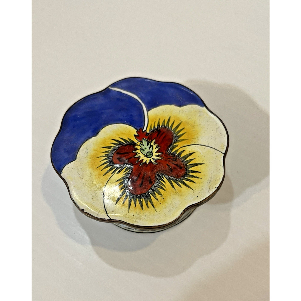 Pansy Trinket Box Enamel Over Metal Hand Painted Vintage Keepsake